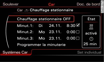 Écran du MMI : réglage de la minuterie